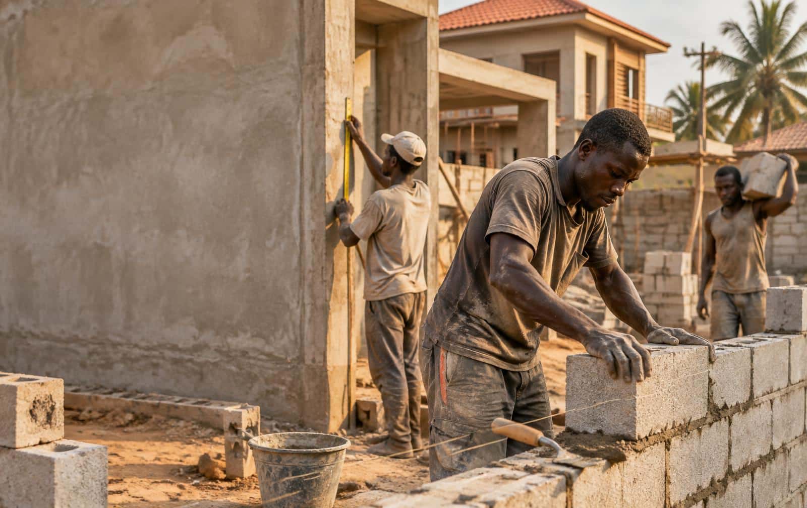 Équipe de chantier et conseiller d'ASB Immobilier Group sur une construction en cours au Bénin