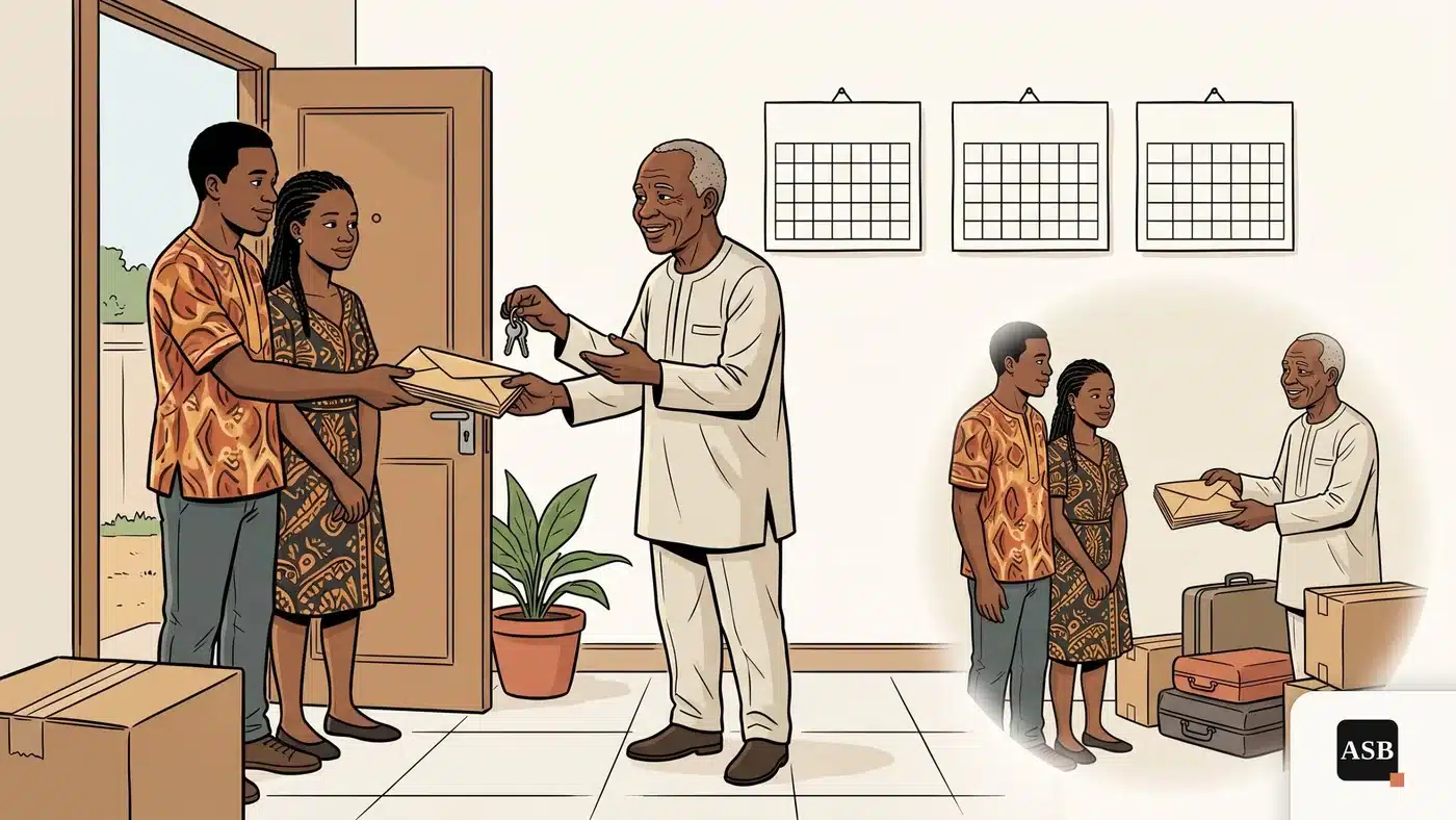 Illustration : une main remet trois billets symbolisant trois mois de loyer à un bailleur, à côté d'un trousseau de clés, avec la mention « remboursé en fin de bail »