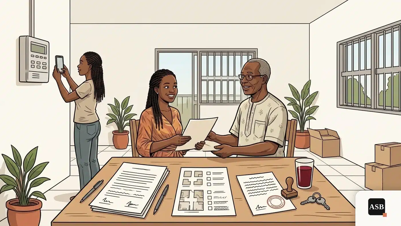 Illustration : trois documents alignés, contrat de bail signé, état des lieux avec photos et quittance mensuelle, sur une table à Cotonou
