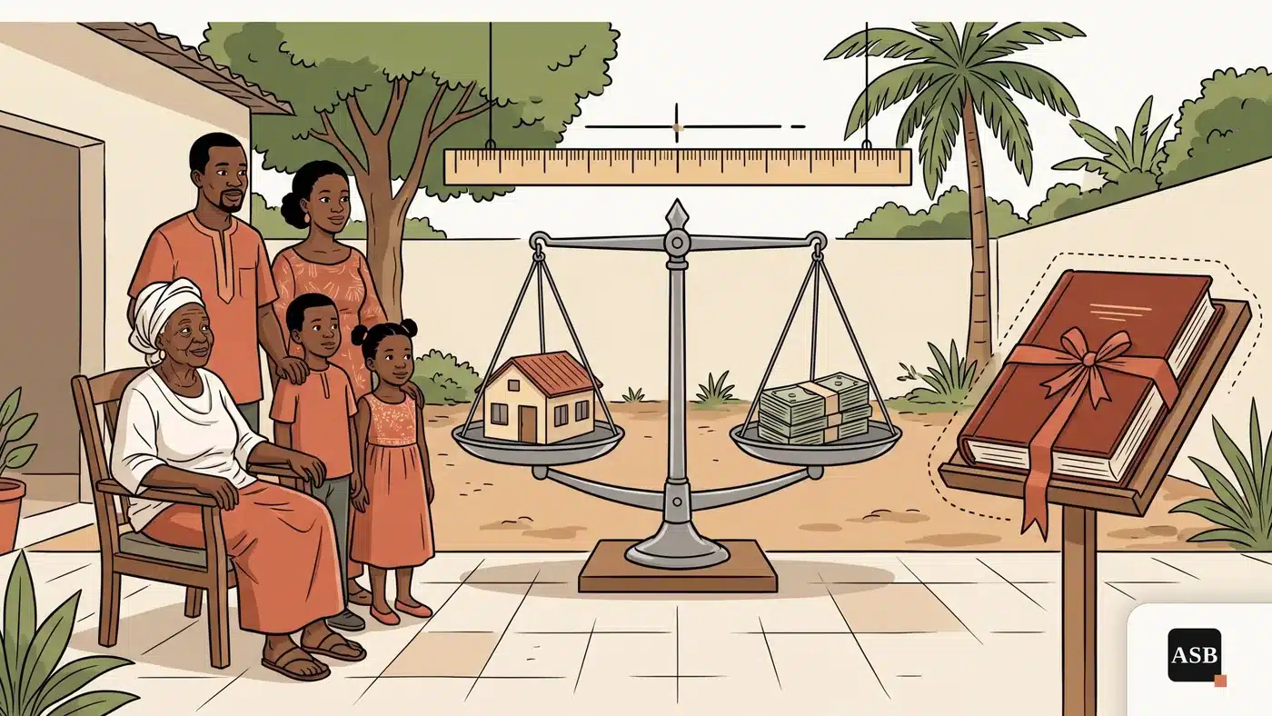 Illustration : une maison dessinée sur une balance, avec une règle graduée « 8 % » et un document « barème » encore vierge