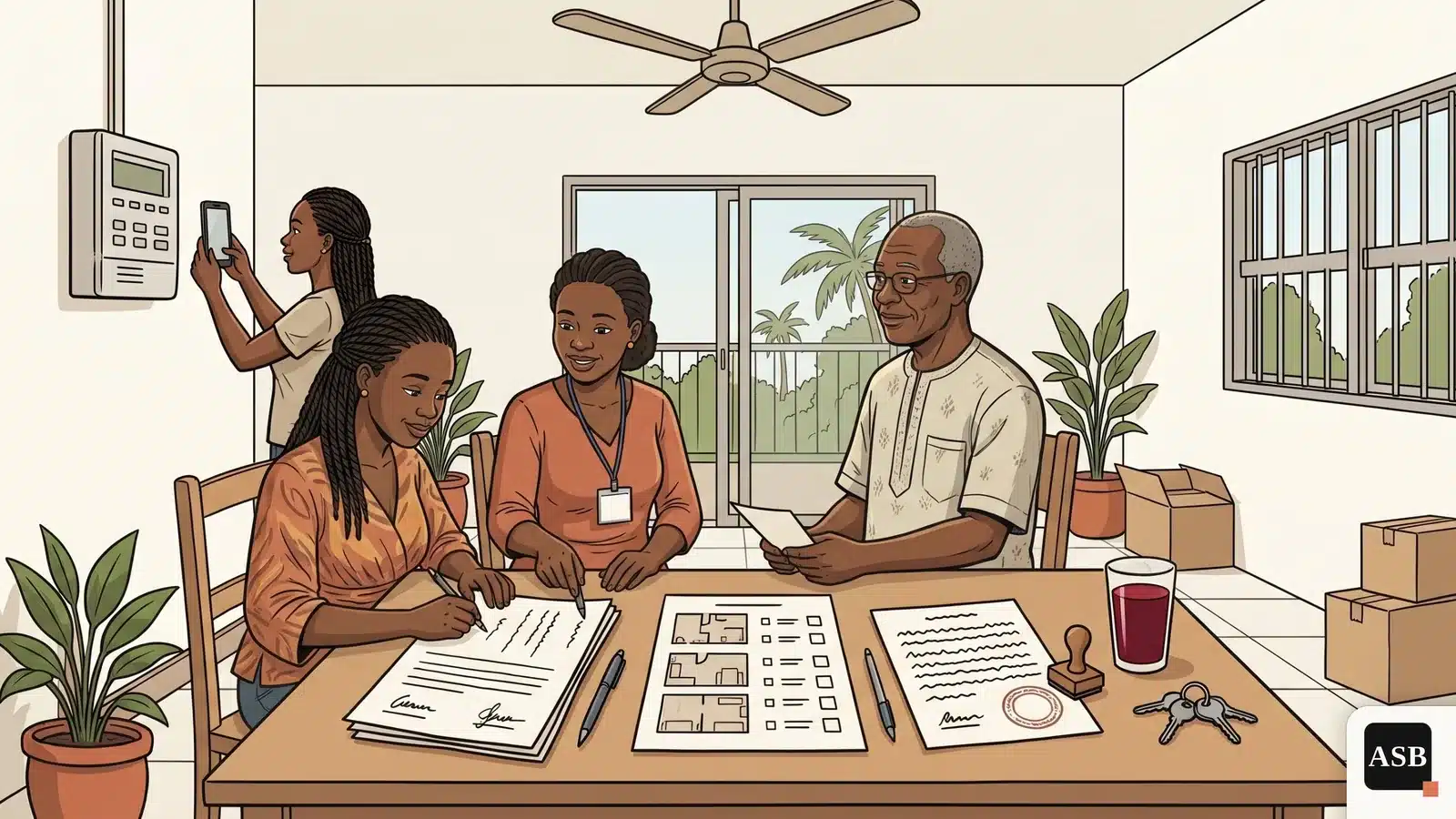 Loi sur le loyer au Bénin, illustration : deux locataires et un bailleur signent le contrat de bail dans un séjour à Cotonou, avec l'état des lieux et la quittance sur la table, pendant qu'une amie photographie le compteur électrique