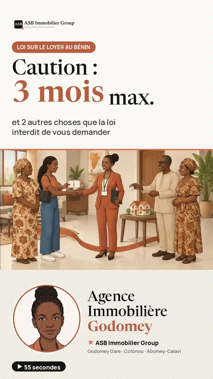 Présentatrice illustrée d'ASB Immobilier Group, agence immobilière à Godomey, annonçant une vidéo sur la loi sur le loyer au Bénin